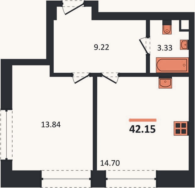 Планировка: 1-к, 42,2 м²
