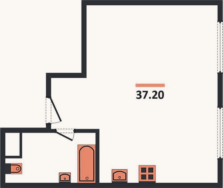 Планировка: 1-к, 37,2 м²