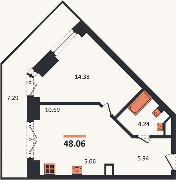 Планировка: 1-к, 48,1 м²