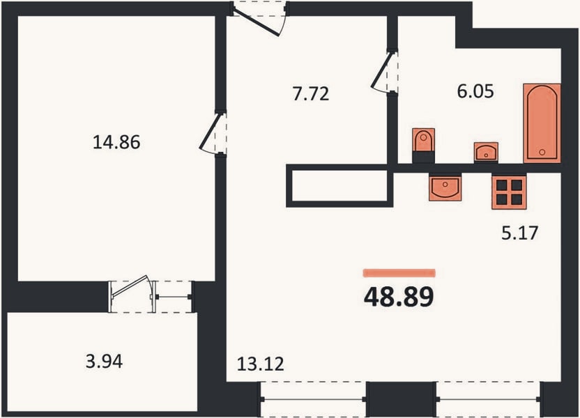 Планировка: 1-к, 48,9 м²