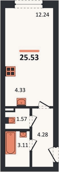 Планировка: Студия, 25,5 м²