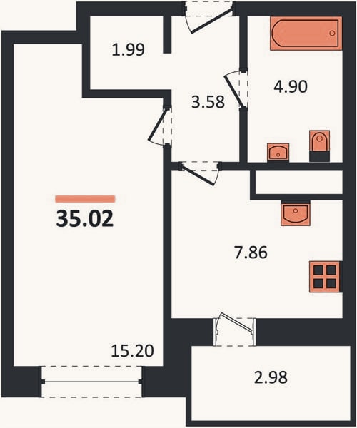 Планировка: 1-к, 35 м²