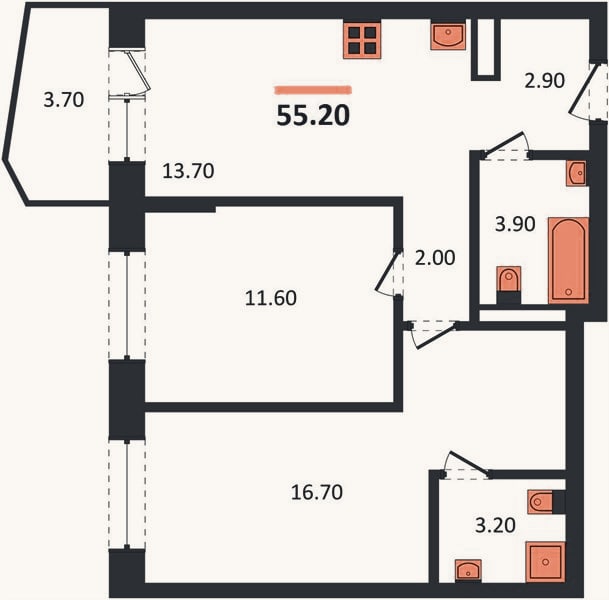 Планировка: 2-к, 55,2 м²