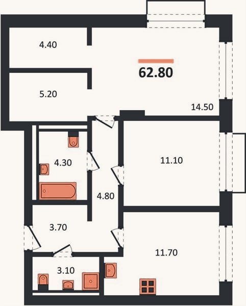 Планировка: 2-к, 62,8 м²