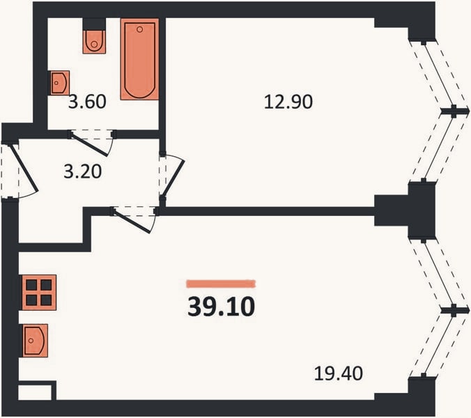 Планировка: 1-к, 39,1 м²