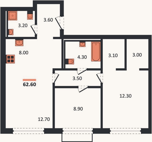 Планировка: 2-к, 62,6 м²