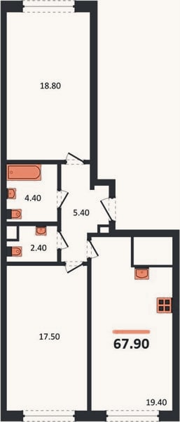 Планировка: 2-к, 67,9 м²