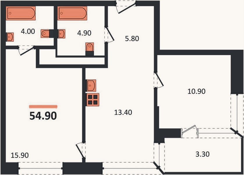 Планировка: 2-к, 54,9 м²
