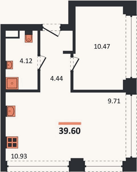 Планировка: 1-к, 39,6 м²