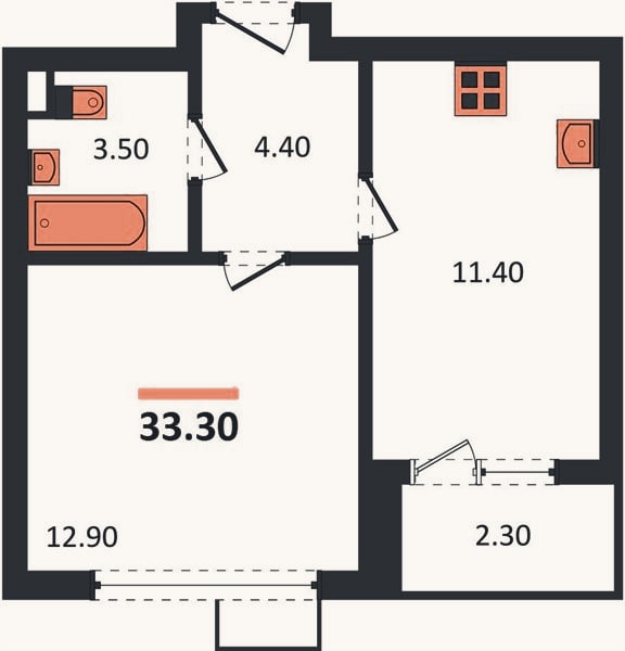Планировка: 1-к, 33,3 м²