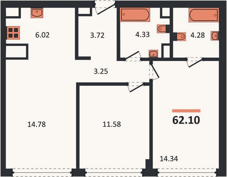 Планировка: 2-к, 62,1 м²