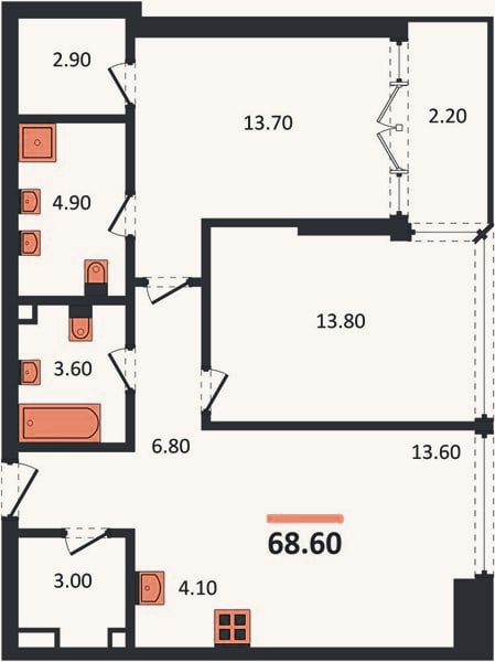 Планировка: 2-к, 68,6 м²