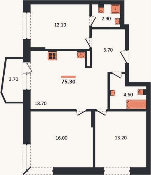 Планировка: 3-к, 75,3 м²