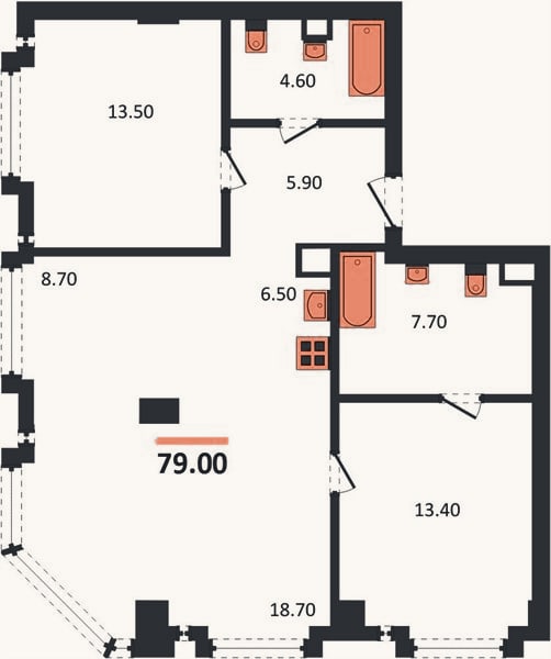 Планировка: 2-к, 79 м²