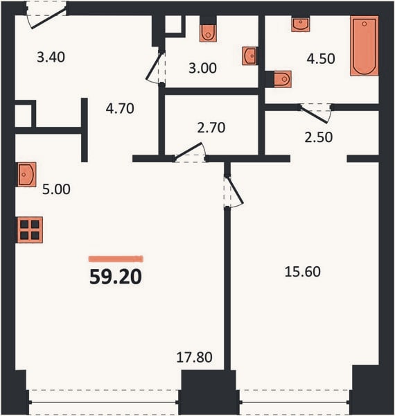 Планировка: 1-к, 59,2 м²