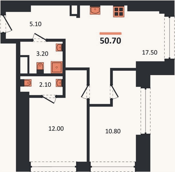 Планировка: 2-к, 50,7 м²