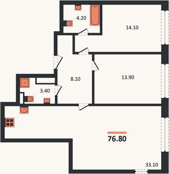 Планировка: 2-к, 76,8 м²