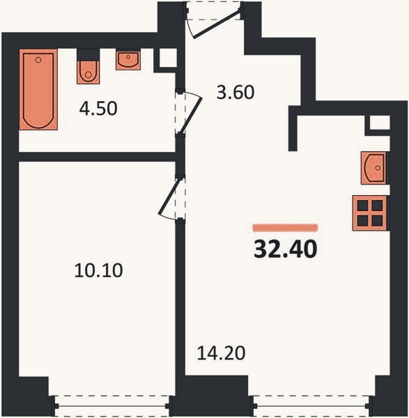 Планировка: 1-к, 32,4 м²