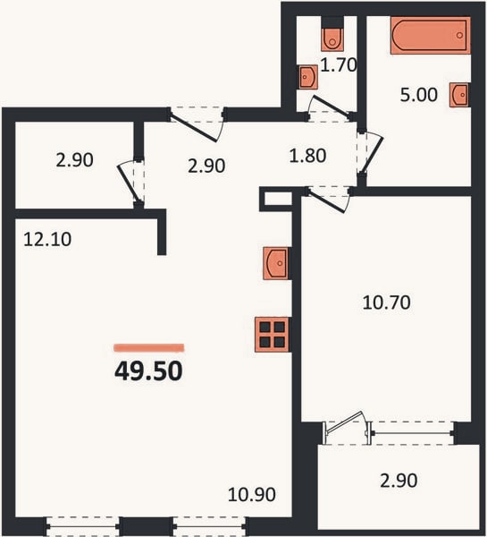 Планировка: 2-к, 49,5 м²