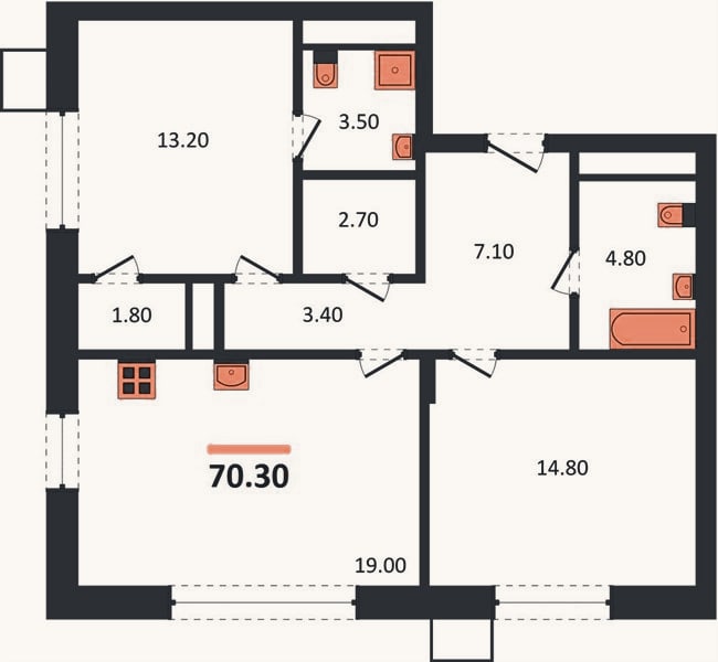 Планировка: 2-к, 70,3 м²