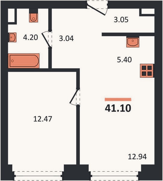 Планировка: 1-к, 41,1 м²