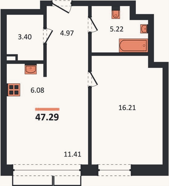 Планировка: 1-к, 47,3 м²
