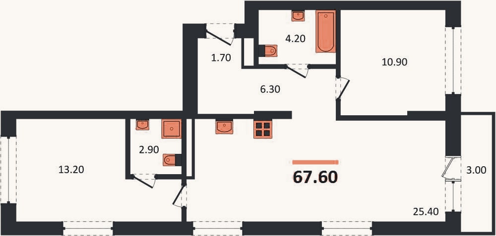 Планировка: 2-к, 67,6 м²