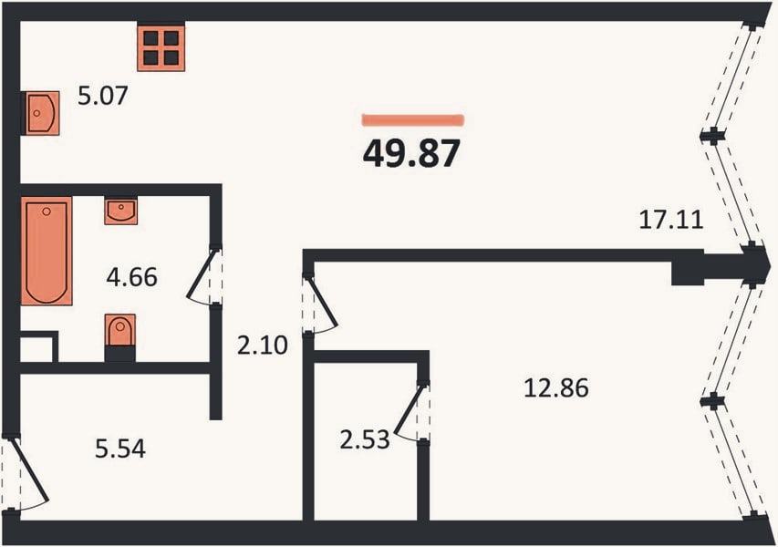 Планировка: 1-к, 49,9 м²