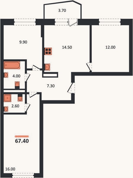 Планировка: 3-к, 67,4 м²
