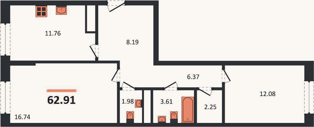 Планировка: 2-к, 62,9 м²