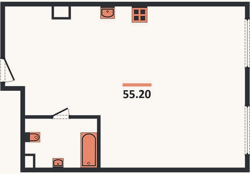 Планировка: 1-к, 55,2 м²