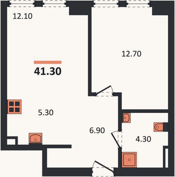Планировка: 1-к, 41,3 м²