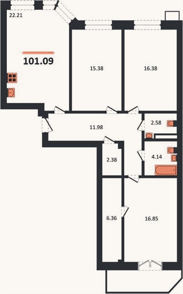 Планировка: 3-к, 101,1 м²