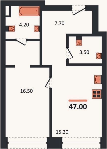 Планировка: 1-к, 47 м²