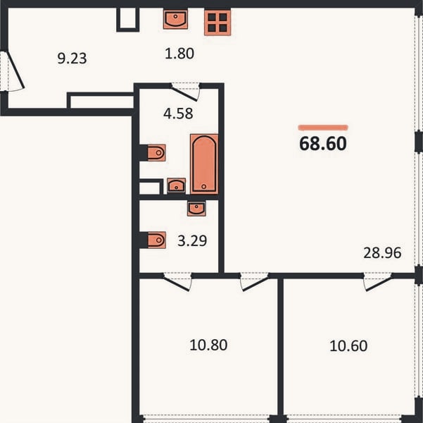Планировка: 2-к, 68,6 м²