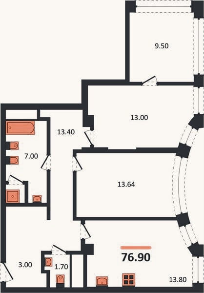 Планировка: 3-к, 76,9 м²