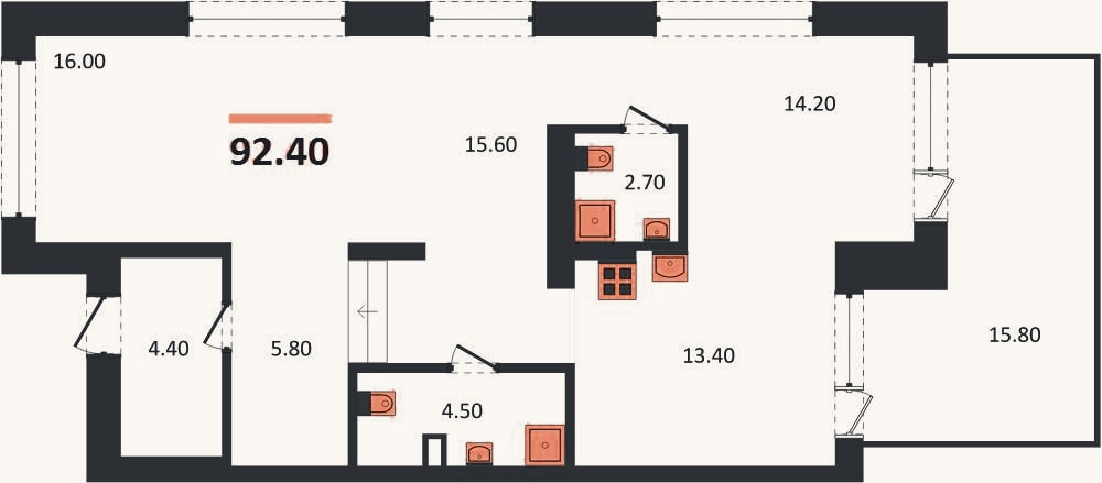 Планировка: 2-к, 92,4 м²