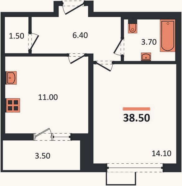 Планировка: 1-к, 38,5 м²