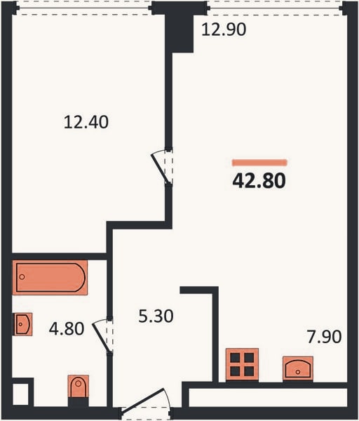 Планировка: 1-к, 42,8 м²