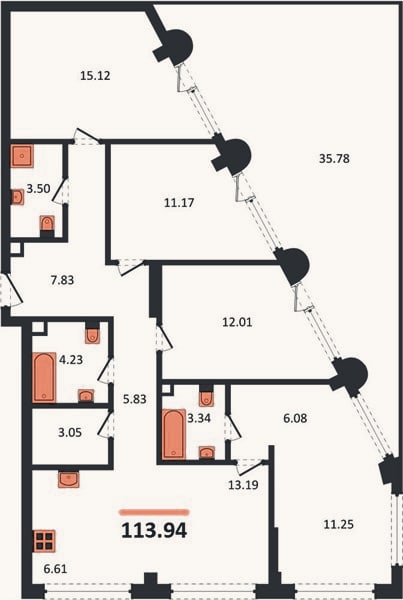 Планировка: 4+ к, 113,9 м²