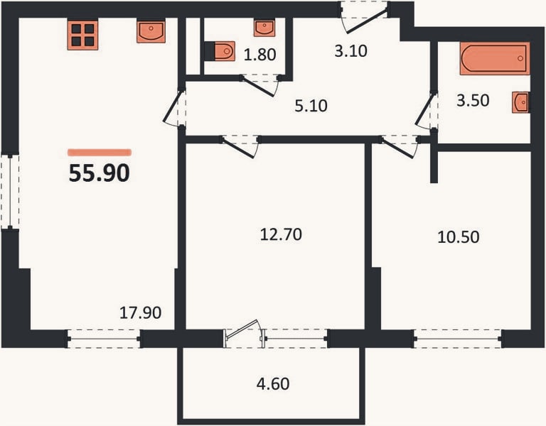 Планировка: 2-к, 55,9 м²