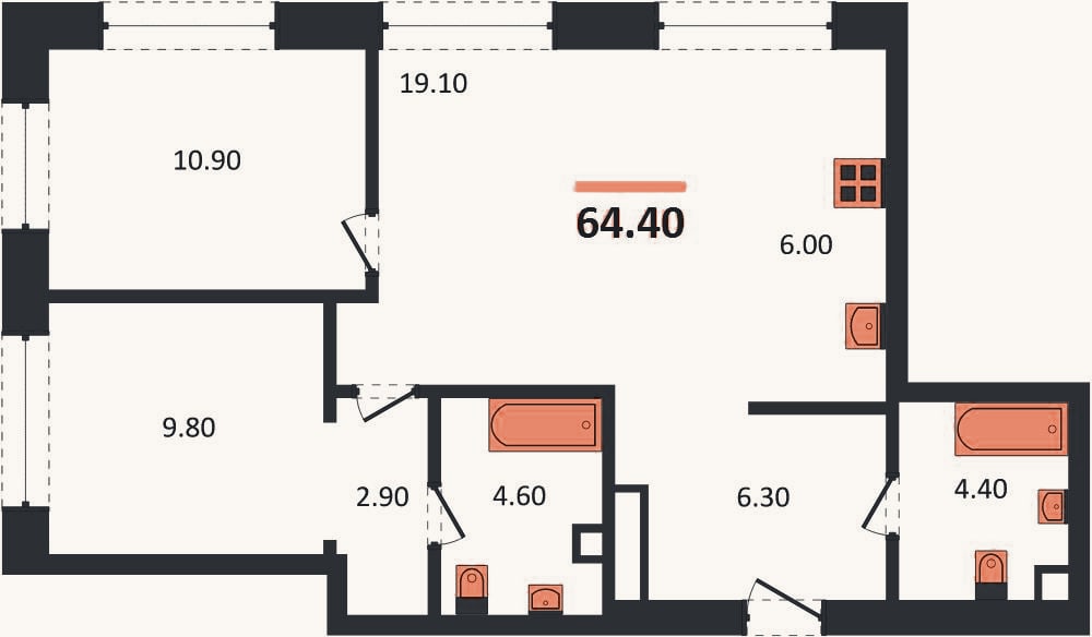 Планировка: 2-к, 64,4 м²