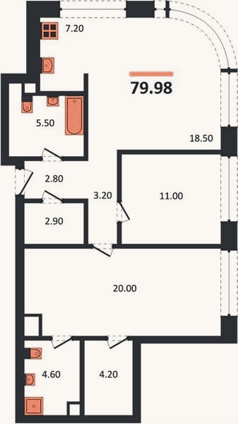 Планировка: 2-к, 80 м²