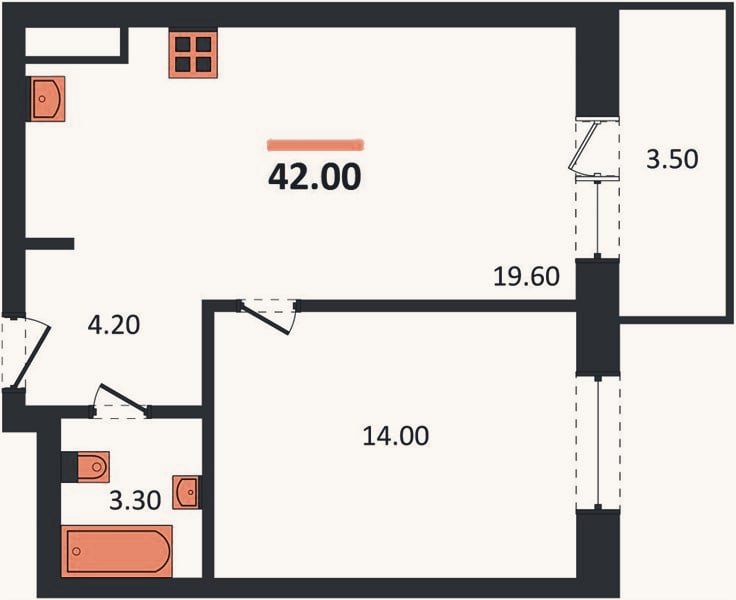 Планировка: 1-к, 43 м²