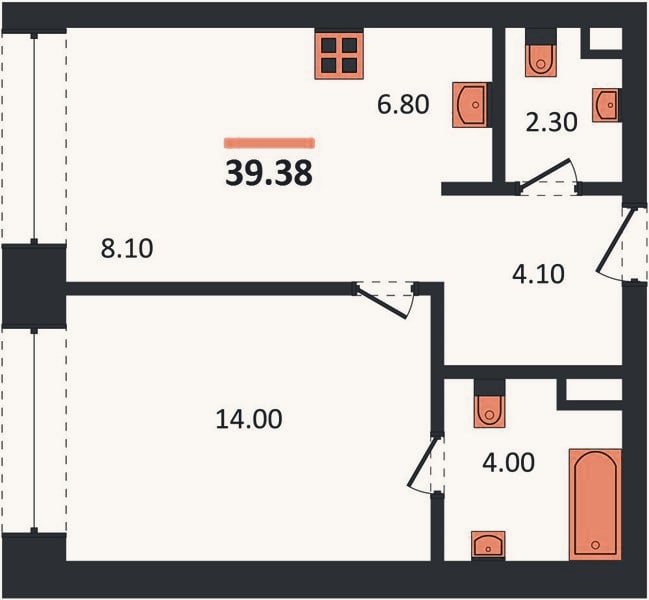 Планировка: 1-к, 39,4 м²