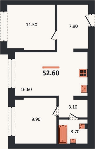 Планировка: 2-к, 52,6 м²