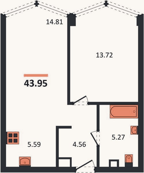 Планировка: 1-к, 44 м²