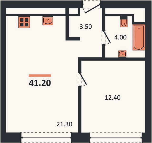 Планировка: 1-к, 41,5 м²