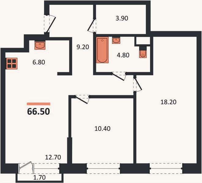 Планировка: 2-к, 66,5 м²