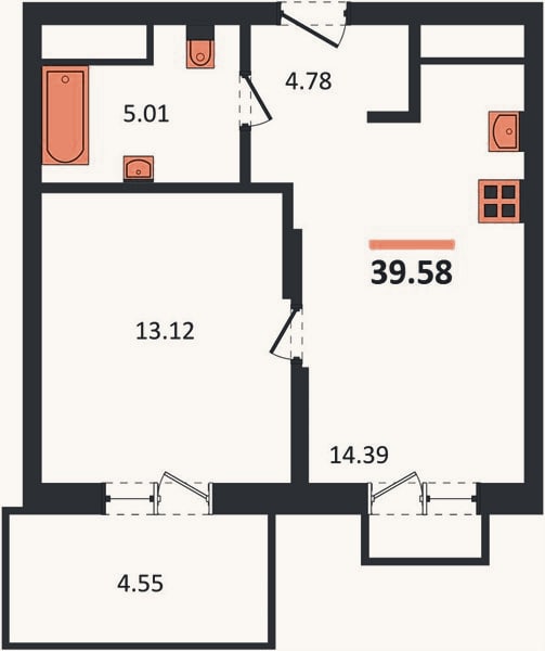 Планировка: 1-к, 39,6 м²